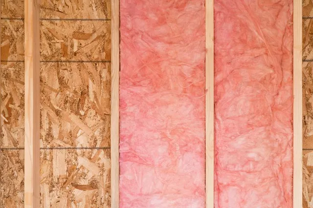 Wall studs framing an unfinished room, with pink fiberglass batt insulation installed between two vertical wooden beams.