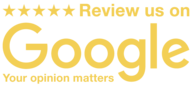 A gold graphic showing five stars above the text 