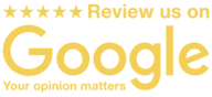 A gold graphic showing five stars above the text 