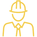 A yellow outlined icon of a professional wearing a hard hat and a collared shirt with a tie.
