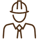 Brown line icon of a person wearing a hard hat and a tie, representing a professional or engineer.